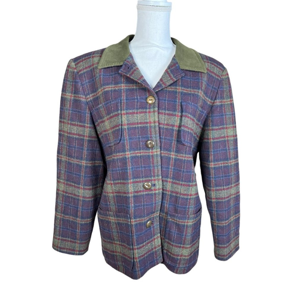 Pendleton Plaid Wool Blazer with Olive Corduroy Collar